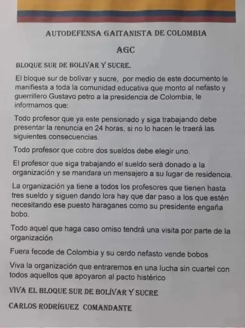 Amenazas de las AGC contra docentes pensionados en Bolívar y Sucre: deben renunciar en 24 horas