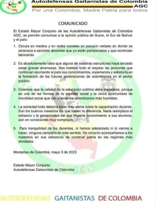 Amenazas de las AGC contra docentes pensionados en Bolívar y Sucre: deben renunciar en 24 horas