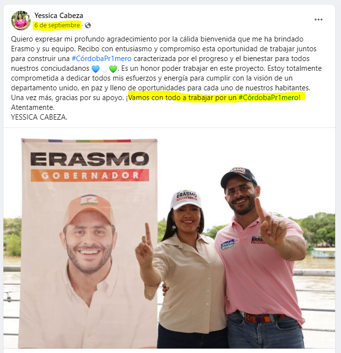 Yessica Cabeza del Toro se adhiera a la campaña de Erasmo Zuleta
