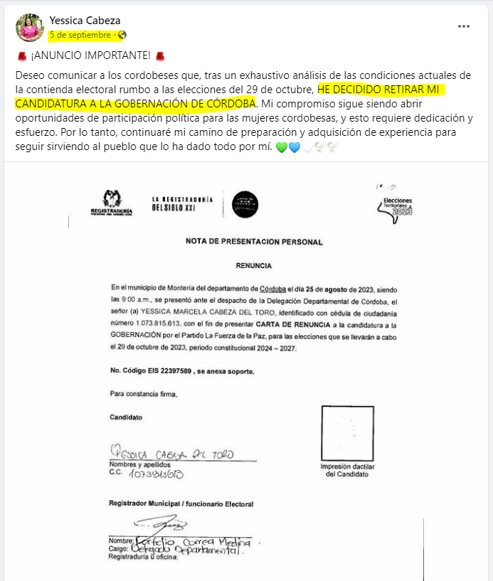 Yessica Cabeza del Toro renuncia a su aspiración a la gobernación de Córdoba
